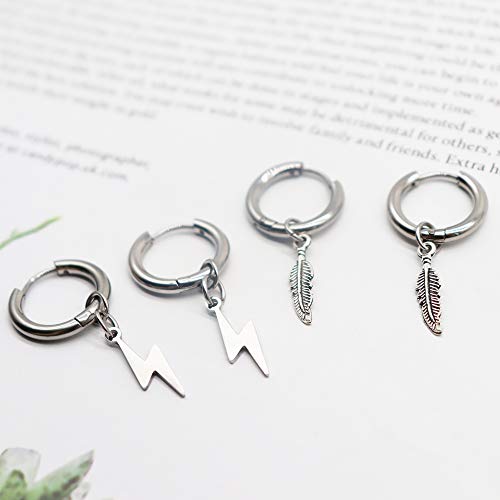 Lightning Feather Hoop Earrings For Men Women Silver Small Hoop Dangle Tassel Huggie Hypoallergenic Titanium Steel Anime Fun Men's Goth Cool Trendy Bts Dangly Kpop Earrings For Egirls Eboys (Silver) #TOP4