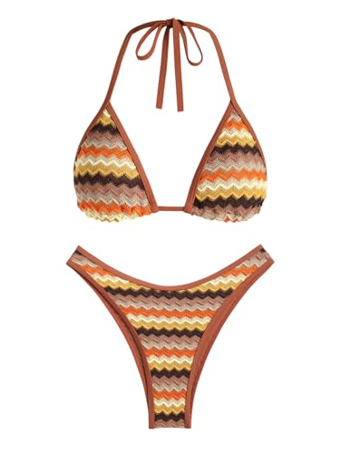 seamoly Womens Bikini Sets Halter Triangle High Cut Two Piece Zigzag Print Bathing Suit Crochet Colorblock Cheeky Swimsuits Latte S