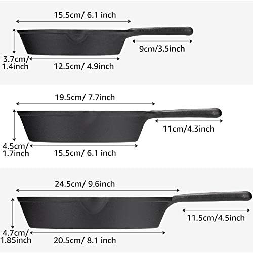 OVERMONT Pre-Seasoned Cast Iron Skillet Set(9.6Inch-24.5cm) (7.7Inch-19.5cm) (6Inch-15.24cm) Frying Pans Oven Pot Safe Cookware for Indoor, Barbecue, Campfire Cooking Outdoor Use