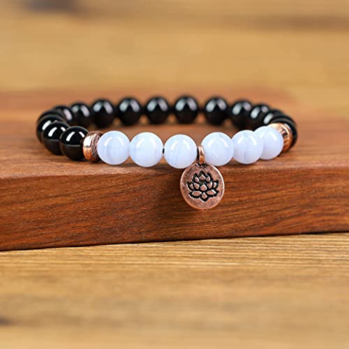 Coai Womens Lotus Charm Black Tourmaline Stone Bracelet (Blue Lace Agate) #TOP3