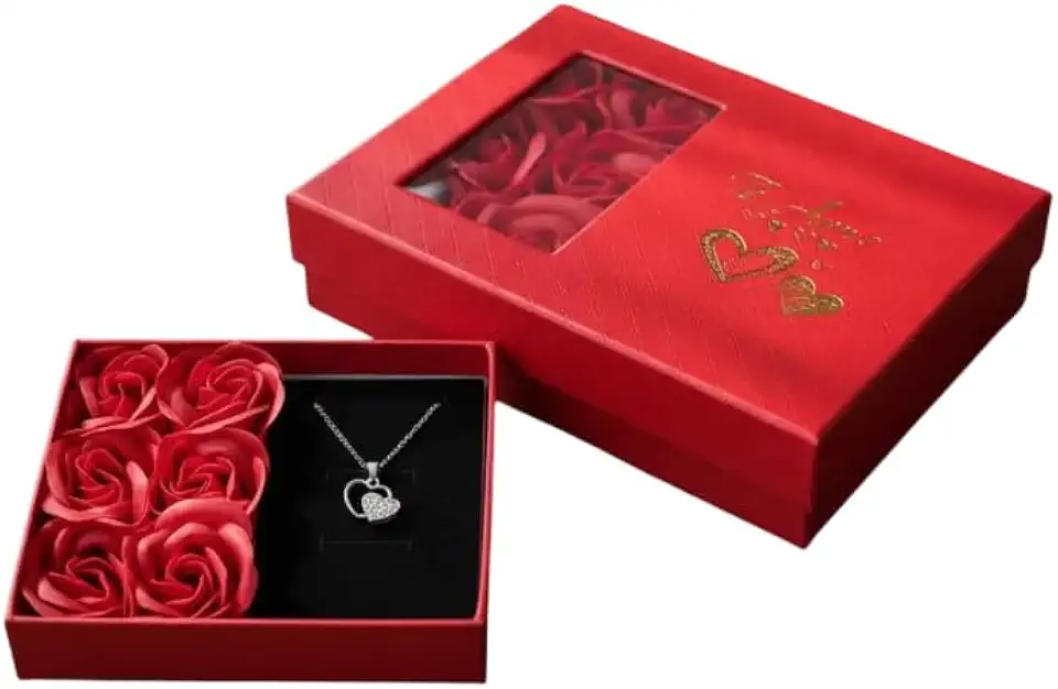 Caixa Com Rosa Colar Coração Joia Aleatória Feminino Kit Presente Noiva Amiga Dias das Mães Dias dos Namorados Flor Eterna Mãe Esposa Namorada