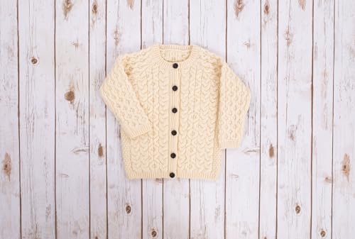 Image of SAOL Aran Cardigan for Kids: 100% Merino Wool, Crew Neck, and Button Front - Made in Ireland