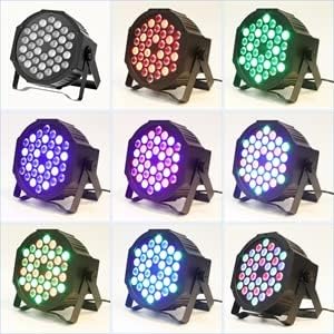 Image showing the U`King 36 LED Stage Light, its remote control, and various party scenes where the light can be used.