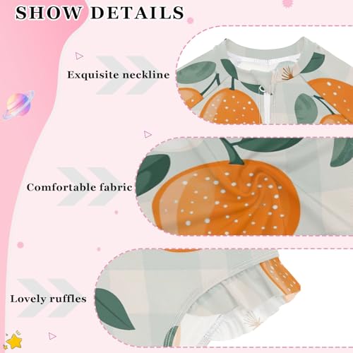 Girls Swimsuit One Piece Quick Dry Rash Guard Zipper Swimwear, Oranges Flowers Plaid 3T4