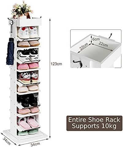 Multigot 11-Tier Shoe Rack, 360° Rotating Shoe Shelf with 2 Hooks, Freestanding Shoe Storage Organiser Hallway Display Stand Unit for Entryway Bedroom Living Room(White)