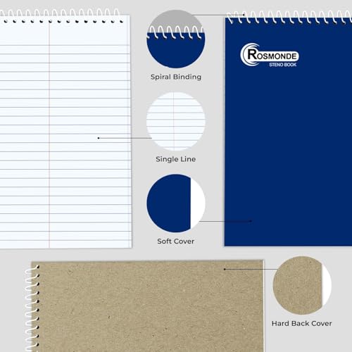 Rosmonde Steno Pads Spiral 6x9 12 Pack, Gregg Ruled Steno Pad, Assorted Colors, 80 Sheets (160 Pages) Long Lasting, Bulk B2B Value Pack, Bulk Steno Notebooks Top Spiral Steno Book for Office & Home by Rosmonde - Image 3