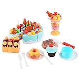 75Pcs Birthday Cake Pretend Play Food Toy Set, YIFAN Plastic Kitchen Cutting Toy for Kids Girls - Blue