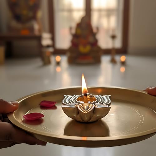 Image of 999 Pure Silver Plated Lotus Diyas for Pooja - Set of 11, Handcrafted Silver Diya for Puja & Spiritual Gifting for Home Decor