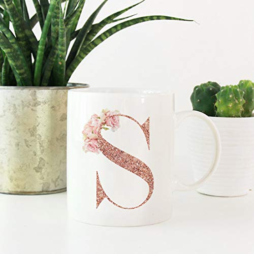 Andaz Press 11Oz. Coffee Mug Gift, Pink Watercolor Roses With Faux Rose Gold Glitter Monogram Letter S, 1-Pack, Includes Gift Box, Christmas Birthday Mother's Day Graduation Coworker Present Ideas #TOP1