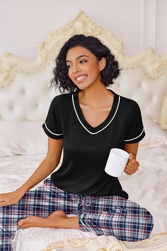 Ekouaer Pajamas for Women Set 2 Piece Lounge Set Soft Pajama Sets Short Sleeve and Pants Pj Sets Loose Sleepwear with Pockets — view 3
