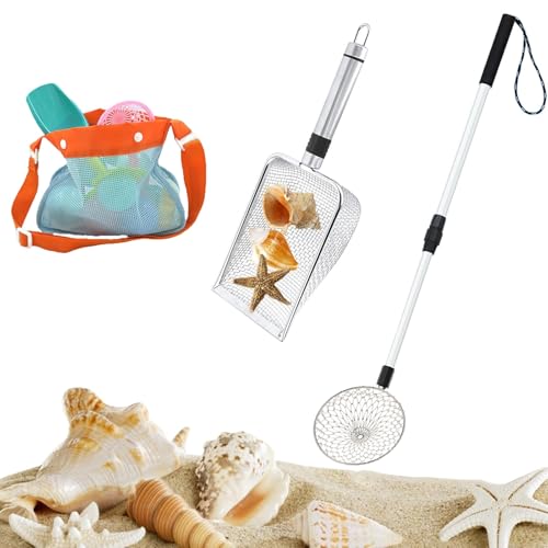 3Pcs Shelling Tools for Beach Include Beach Mesh Shovel, Sand Sifter with Extra Long Adjustable Handle and Mesh Beach Bag, Collecting Shells Beach Toys or Kids Girls Boys(3Pcs)
