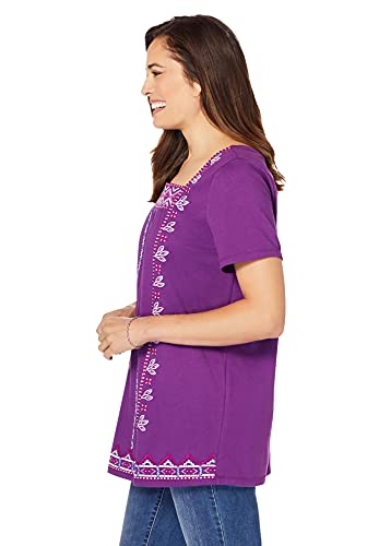 Woman Within Women's Plus Size Embroidered Square Neck Tee - 3X, Black Multi Embroidery Multicolored #TOP4