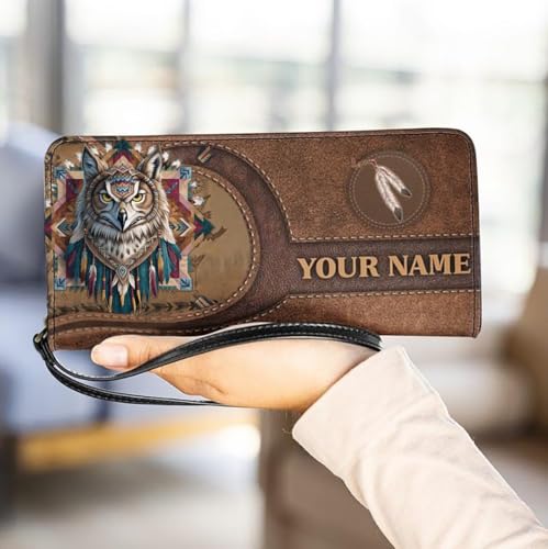 Personalized Native American Women Leather Wallet, Tribal Navajo Feather Zipper Purse, Western Southwestern Long Ladies Travel Clutch Wristlet, Custom Gifts For her Mom Friend (Owl)2