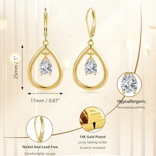 925 Sterling Silver 14K Gold Teardrop Dangle Earrings for Women, ALEXCRAFT Dangling Drop Leverback Cubic Zirconia Dangly Proms Statement Rhinestone Earings Wedding Bridesmaid Earring Hypoallergenic2