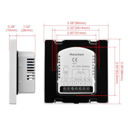 Heschen Digitaler Fußbodenheizungs-Thermostat, Fußbodenheizungs-Thermostat, Temperaturregler-Heizung, HS-C505, 5 + 2/6 + 1/7 programmierbarer Regler 3A, gehärtetes Glas
