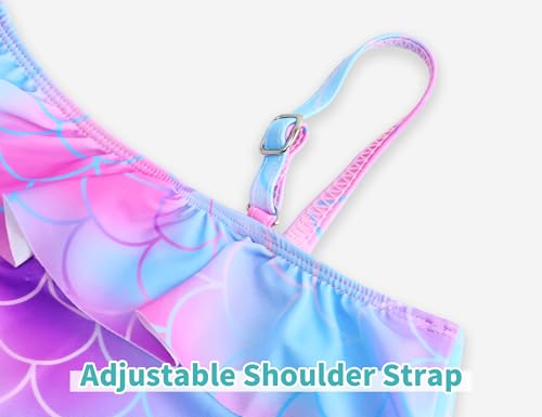 Image of Snowheart Girls Swimsuit Adjustable Shoulder Strap UPF50+ One-Shoulder Ruffle Bathing Suit 3-12T