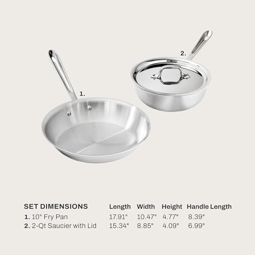 Image of All-Clad D3 Stainless Steel 3 Piece Cookware Set- Made in USA- Includes 10 inch Frying Pan and 2-Qt Saucier Pan With Lid - Professional Grade -Oven Safe & Induction Compatible