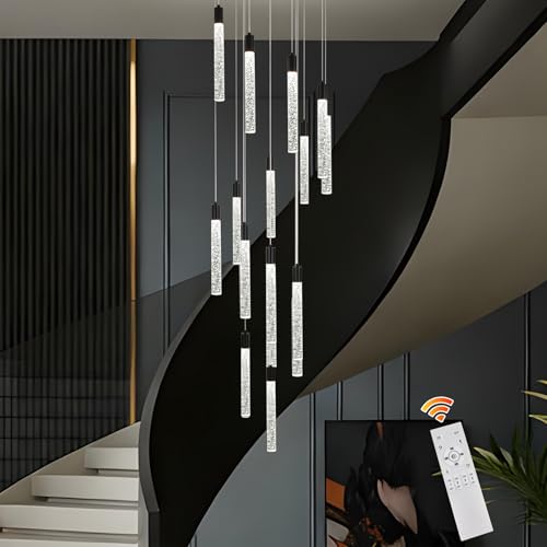 GEADI Modern LED High Ceiling Chandelier with Remote Control,16 Lights Crystal Foyer Chandeliers for High Ceilings,Black Dimmable Long Pendant Light for Staircase Entryway Living Room by GEADI - Used condition - CA$237.51