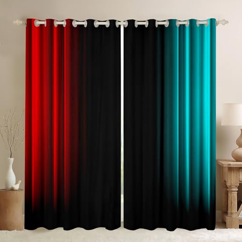 Feelyou Abstract Ombre Decorations Curtains for Kids Teens Women Red Teal and Black Window Drapes Treatments Geometric Modern Window Curtains Bedroom, 38W X 45L,2 Panels