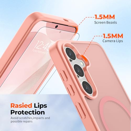 Image of SUPFINE Magnetic for Samsung Galaxy S24 Case / S25 Case with Screen Protector, (Built-in Magnets) (Military Grade Drop Protection) Slim Translucent Shockproof Phone Case,Light Pink