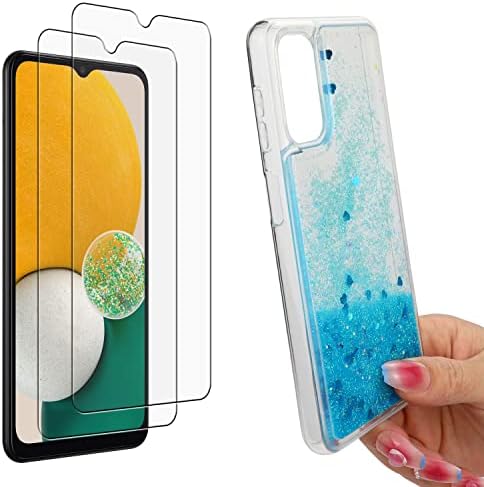 Liettamgeo for Samsung Galaxy A13 5G Case, with [2 x Tempered Glass Screen Protector], Clear Floating Shining Glitter Quicksand Bling Sparkle Pretty Shockproof Case for Women Girls (Blue)