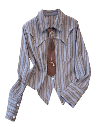 Image of SOLY HUX Women's Striped Print Button Down College Shirts Long Sleeve Tie Blouse Tops Preppy Clothes