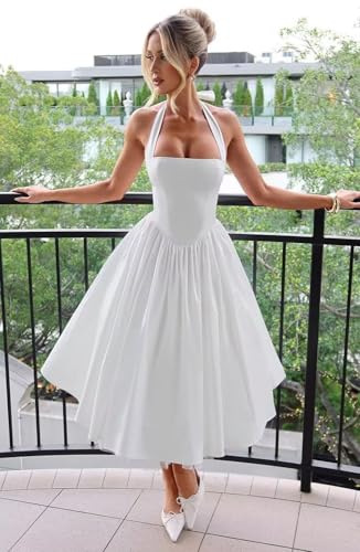 Women’s Halter Neck Prom Dresses A Line Tea Length Cocktail Party Gowns Satin Formal Evening Dress with Pockets2