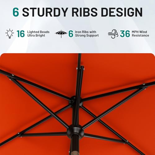 Image of AreShark 6.5' x 10' Rectangular Patio Umbrella with Solar Lights, Solar Powered Lighted Market Umbrella w /Tilt and Crank, Outdoor Table Umbrella for Garden, Deck, Backyard, Pool and Beach, Orange
