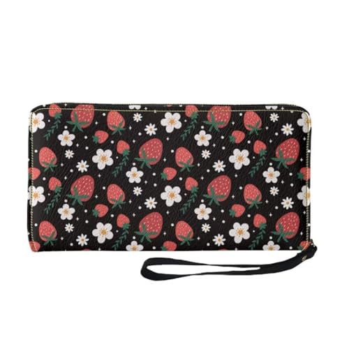 Black Leather Wallet Women Strawberry Floral Print Fashion Clutch Coin Purse Large Capacity Long Wallet With Wristlet Strap2