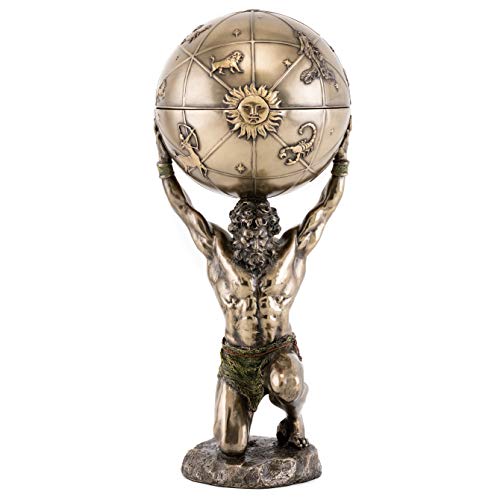 Top Collection Greek God Atlas Statue With Globe Container- Roman God Of Heaven And Astronomy Sculpture In Premium Cold Cast Bronze- 12.25-Inch Office Desktop Figurine With Hidden Compartment #TOP1
