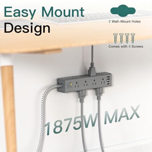 Image of Addtam Gray Power Strip Surge Protector with 12 AC Outlets & 4USB Ports, 15FT Extension Cord, Flat Plug,1050J Overload Protection, Wall Outlet Extender for Home Office Living Room Dorm, ETL Listed