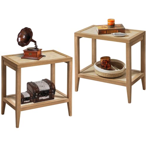 SICOTAS Rattan Nightstands Set of 2 Bedside Table - Boho Narrow End Table Living Room Set of 2 Side Table with Rattan Storage Shelves for Small Space - Image 7