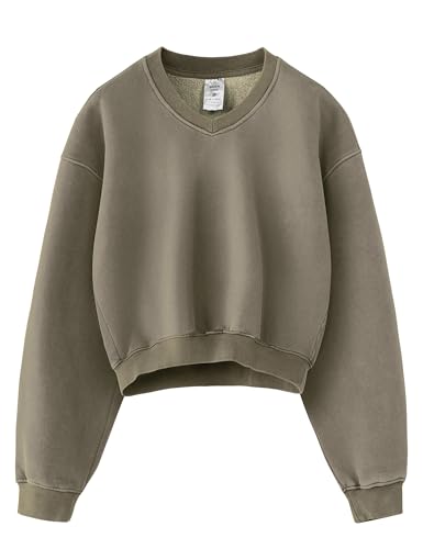 Hatant Cropped Sweatshirt for Women, V Neck Acid Wash Crop Pullover Top, Soft Fleece Long Sleeve Relaxed Fit Sweatshirt for Women Drop Shoulder Fall Winter Top Green-XL