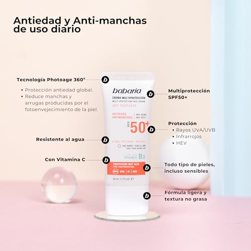 Babaria Crema Facial Multi Protectora Antiedad y Antimanchas Spf 50+, Fresco, 50 Ml - imagen 3