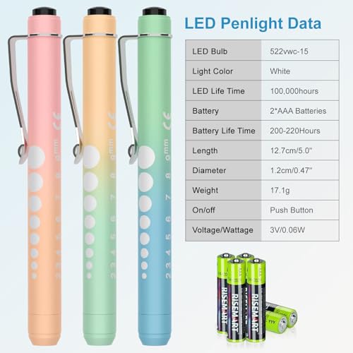 3 Pack Pen Lights for Nurses with 6 Batteries - Reusable Pen Light with Pupil Gauge and Ruler, Nurse Accessories for Work, Medical Penlights for Nursing Student Doctors EMT CNA (Pink+Yellow+Green) - Image 5