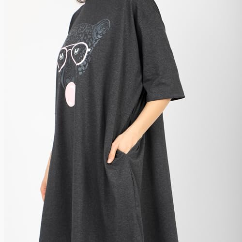 Image of LAMA STORE Women's Printed Oversized T-Shirt Dress, Cotton, 3 /4 Sleeve Length, Casual Loose Fit, Comfort Wear Extra Comfy Oversized Printed Pocket T-Shirt Dress