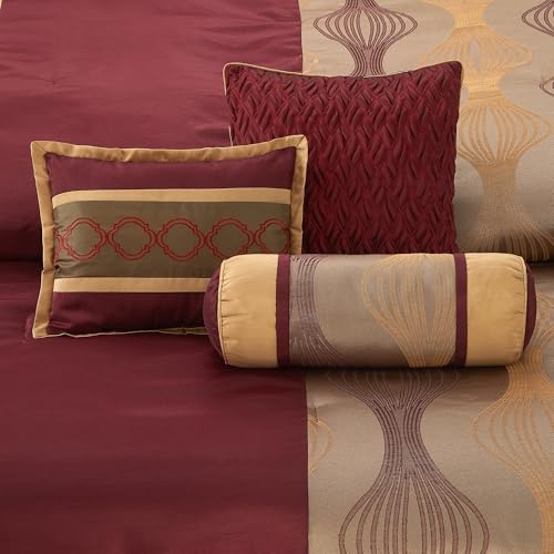 LANCO MODERN LIFESTYLE King Comforter Set, Wine Gold, 7 Pieces Bed in a Bag, Ultra Soft Jacquard with Solid Piecework, Luxury Bed Set with Comforters, Bed Skirt, Pillow Shams and Decorative Pillows by LANCO MODERN LIFESTYLE - Used condition - Image 4