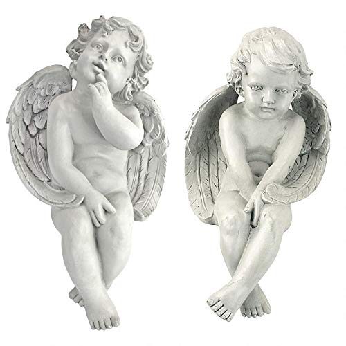 Design Toscano JE9101261 Angel Shelf Sitting Statues, Set of Two, Meditation and Contemplation, Polyresin, Antique Stone