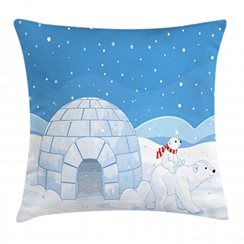 ABAKUHAUS Oso Polar Funda para Almohadón, Igloo Madre del niño, Decorativo, Estampado en Ambos Lados, 60 x 60 cm, Blanco Azul Claro