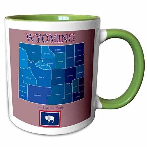3dRose Flag & County map of Wyoming with state name 11oz Two-Tone Green Mug