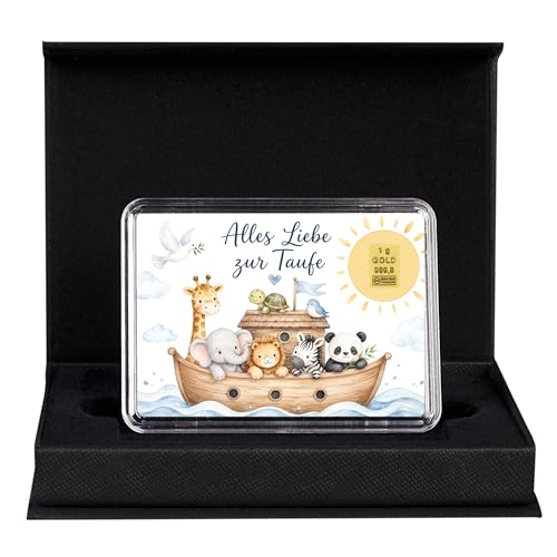 Goldgeschenk zur Taufe Arche Noah – 0,5g / 1g Goldbarren oder 3,11g Krügerrand Goldmünze – Geschenkbox mit Grußkarte – Taufgeschenk Baby & Kind von Goldstücke24 (1g Goldbarren)