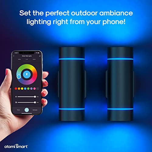 Atomi Smart Wifi Led Wall Sconce Lights - 2 Pack, 1200 Lumens, Dimmable, Premium Aluminum Construction, Ip65 All-Weather, Tunable White, Color Changing, Works With Voice Assistance #TOP1