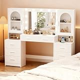 Rovaurx 62' Large Vanity Desk with Mirror, 3 Color Lights and Power Outlet, Wooden Makeup Vanity Table with 10 Drawers, Bedroom Dressing Table for Women, Girls, Translucent Cabinet, White