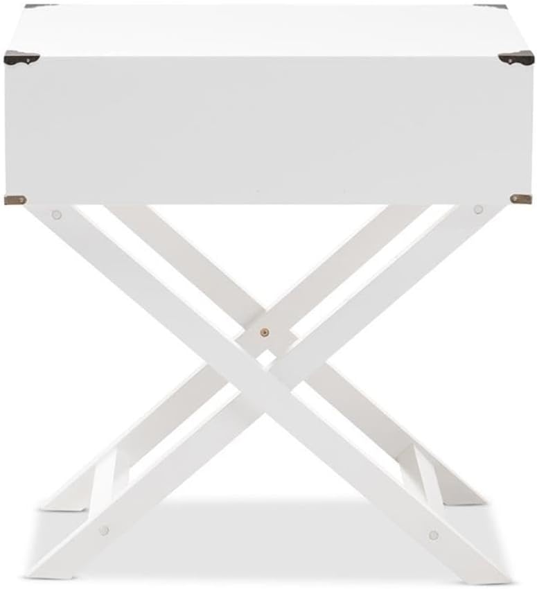 BOWERY HILL 1 Drawer Nightstand Table, White Finish, MDF and Pine Wood Construction, 27.9'' H x 25.9'' W x 20'' D, X-Base Legs, Modern Bedroom Furniture with Metal Brackets and Drawer Pulls