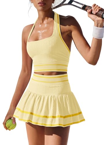 LAMISSCHE Tennis Skirt Sets Women 2 Piece Outfits Summer Yoga Skort Set Seamless Halter Top and Skirt with Pockets2