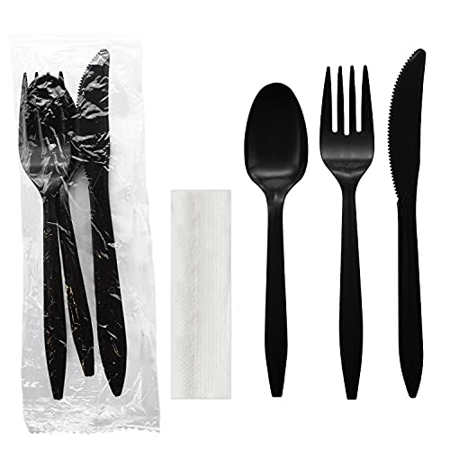 Party Essentials Individually Wrapped Plastic Cutlery Packets/Silverware Kits, Black Fork/Spoon/Knife/Napkin, 50 Sets by Party Essentials - Used condition - US$10.70