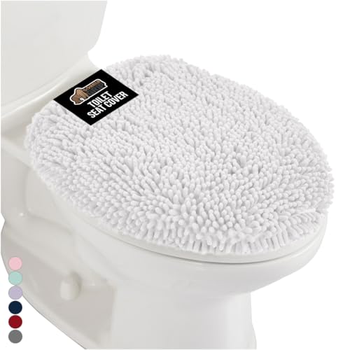 GORILLA GRIP Soft Chenille Bathroom Toilet Lid Cover, Machine Washable Seat Covers, 19.5x18.5, Stays in Place Rubber Backing, Fits Most Round, Elongated and Oblong Lids, Decor, Bright White