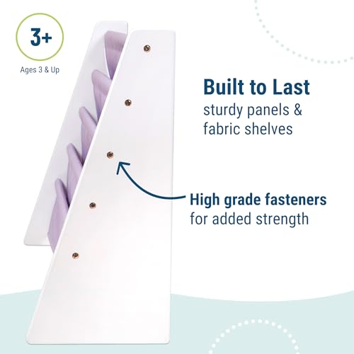 Wildkin Wooden Sling Bookshelf for Kids – Premium Canvas Design with 4 Fabric Shelves, Organizer for Home or Classroom - White w/Lilac by Wildkin - Used condition - Image 4