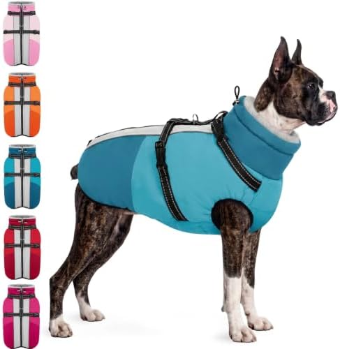 AOFITEE Hundemantel Winter Hundejacke für Große Hunde Wasserdicht,Türkis XL | Reflektierend Hunde Wintermantel mit Geschirr Reißverschluss, Warm Schneeanzug Hund Winter Mantel für