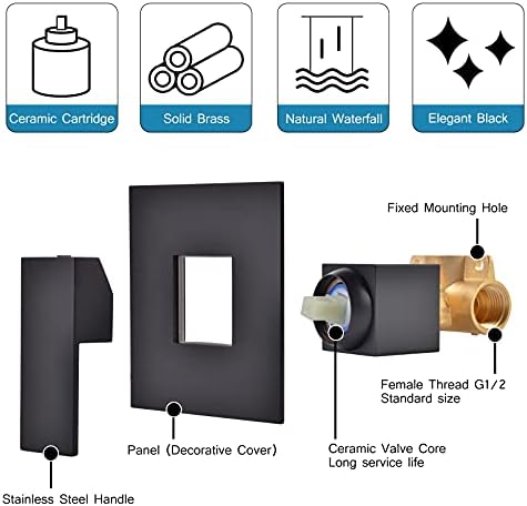 SHANFO Wall Mounted Bath Taps Waterfall Black Wall Tap for Basin Bathub with 12.5 cm Wide Spout Brass Anti-Rust BPB1